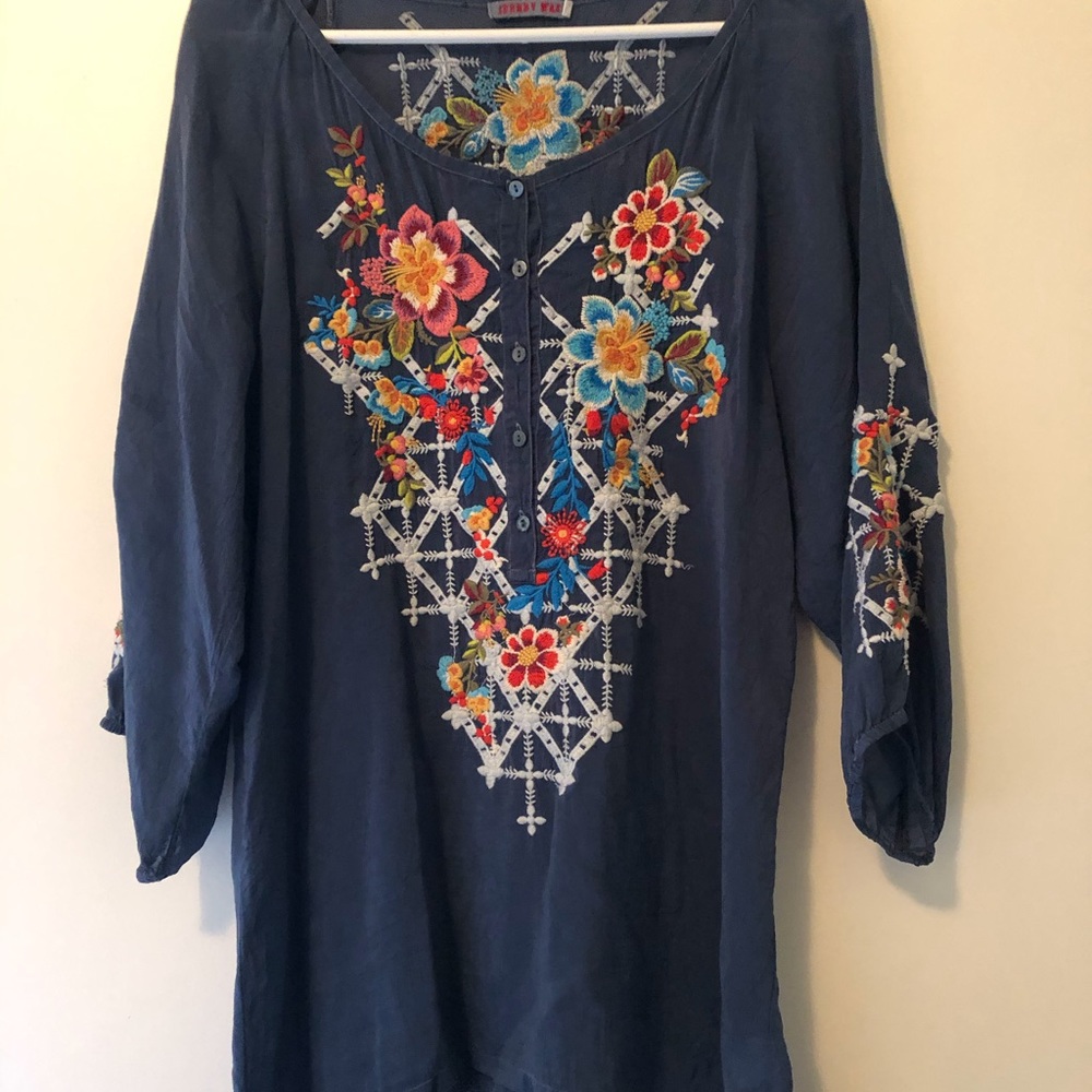 Johnny Was Silk Embroidered Top